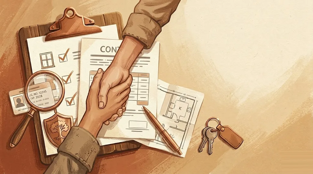 Dos manos estrechándose sobre una mesa con un contrato sin firmar, una lupa sobre una tarjeta de credenciales y un escudo de cobre que simboliza la confianza
