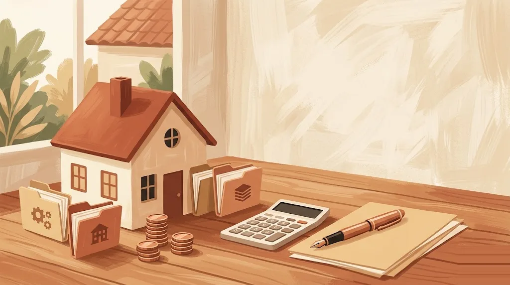 Los impuestos de una reforma de vivienda: una casita rodeada de pequeñas carpetas de documentos y pilas de monedas, una calculadora y una pluma de cobre