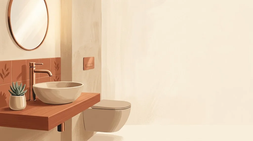 Grifería y sanitarios para un baño: grifo monomando de cobre sobre un lavabo y silueta de inodoro suspendido, estilo limpio y minimalista