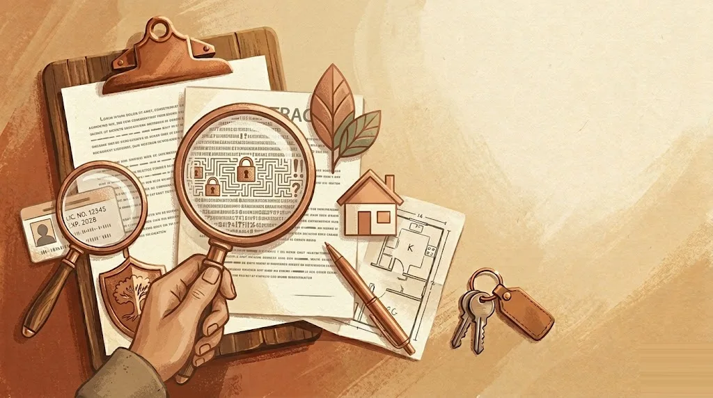 Lupa sobre un contrato que revela cláusulas diminutas y apretadas, una pequeña hoja verde y una casita al lado, con un ambiente de cautela