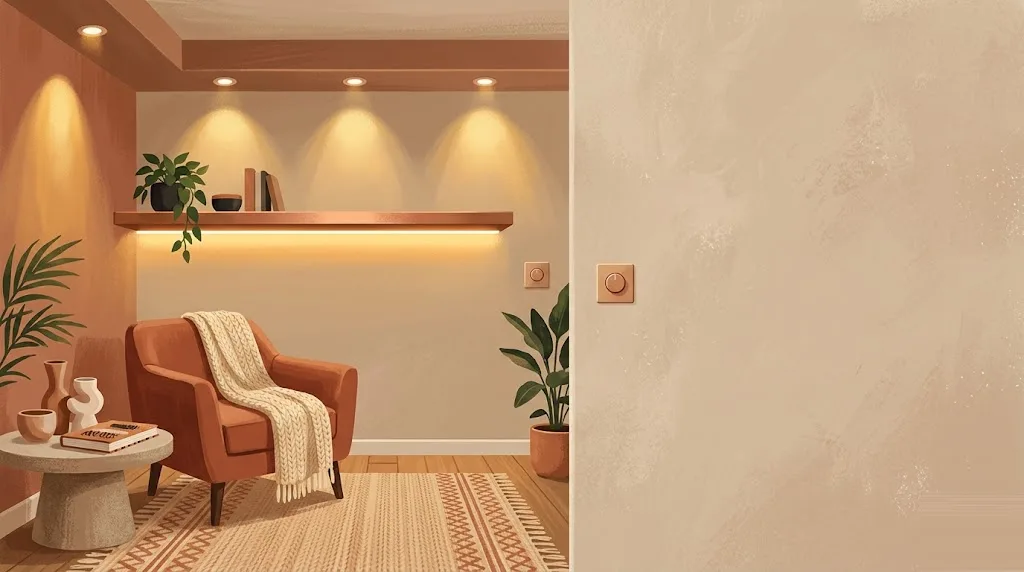 Iluminación LED en una reforma: downlights empotrados y una tira LED lineal cálida creando focos de luz acogedora sobre una estancia