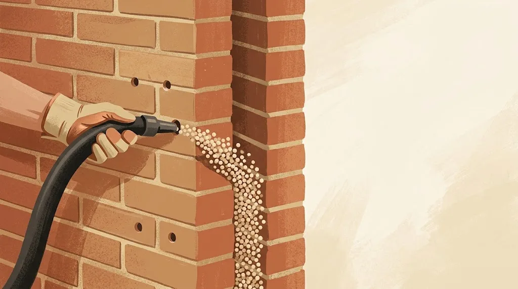 Insuflado de aislamiento: una manguera inyecta material aislante en la cámara de aire de un muro de doble hoja a través de pequeñas perforaciones