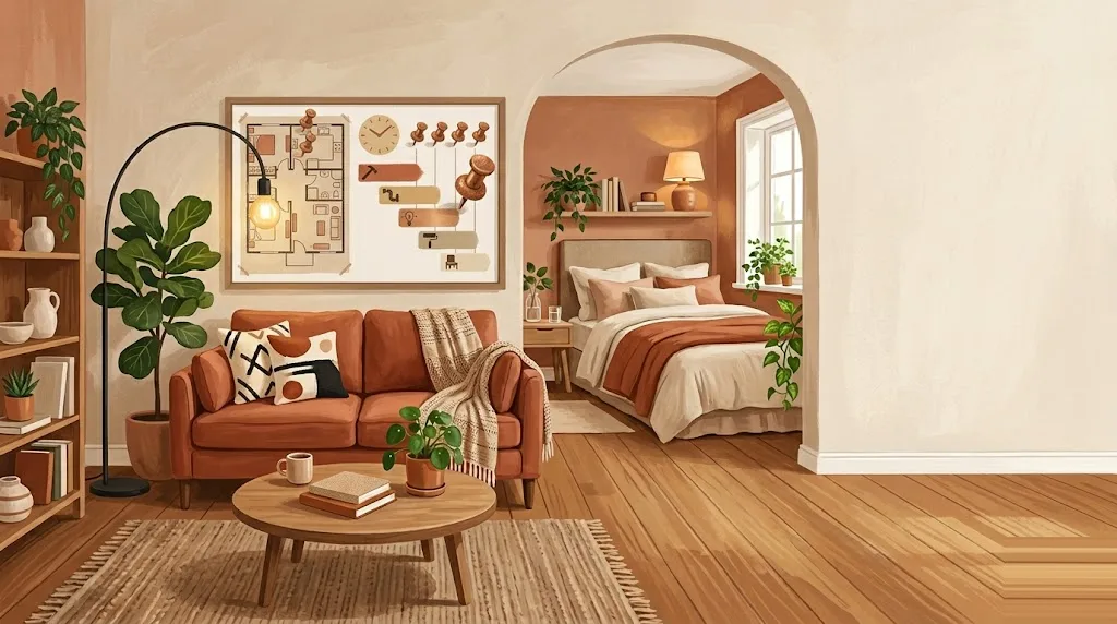Planificador de pared con barras de fases sucesivas y un reloj pequeño junto a un plano de vivienda, con chinchetas de cobre marcando los hitos