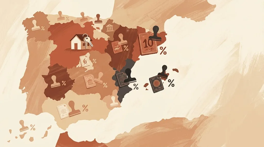 Impuesto de Transmisiones por comunidades: un mapa estilizado de España con pequeños símbolos de porcentaje y sellos de documento sobre distintas regiones y una casita con llaves