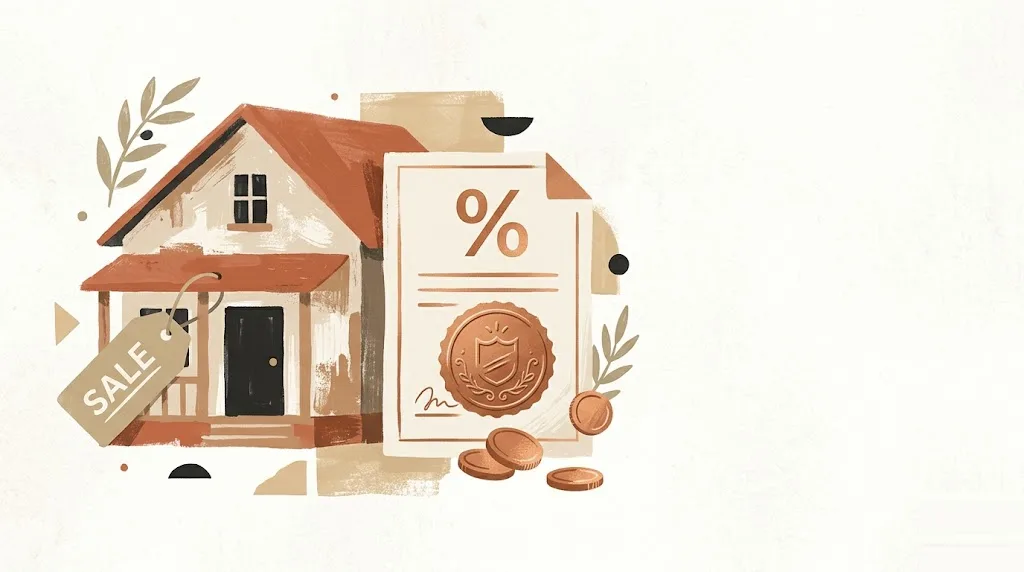 Impuesto de Transmisiones al comprar vivienda para reformar: una casa con una etiqueta de venta junto a un documento fiscal con un símbolo de porcentaje, un sello de cobre y unas monedas