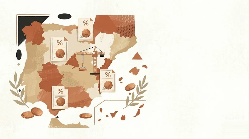 Licencias de obra por comunidades: un mapa estilizado de España con pequeños documentos de licencia y sellos de cobre sobre distintas regiones y una pequeña grúa de construcción