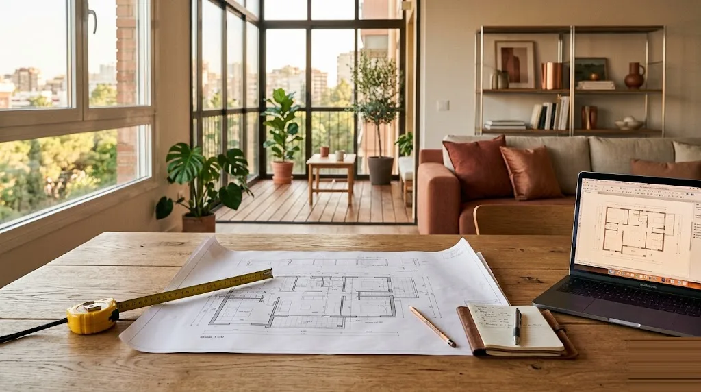 Mesa de roble con los planos de planta de un piso, una cinta métrica, un cuaderno y un portátil con el plano en pantalla; al fondo, un salón reformado con una terraza acristalada