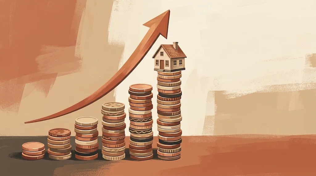 El encarecimiento de reformar: una casita sobre un gráfico de barras ascendente hecho de monedas con una flecha hacia arriba