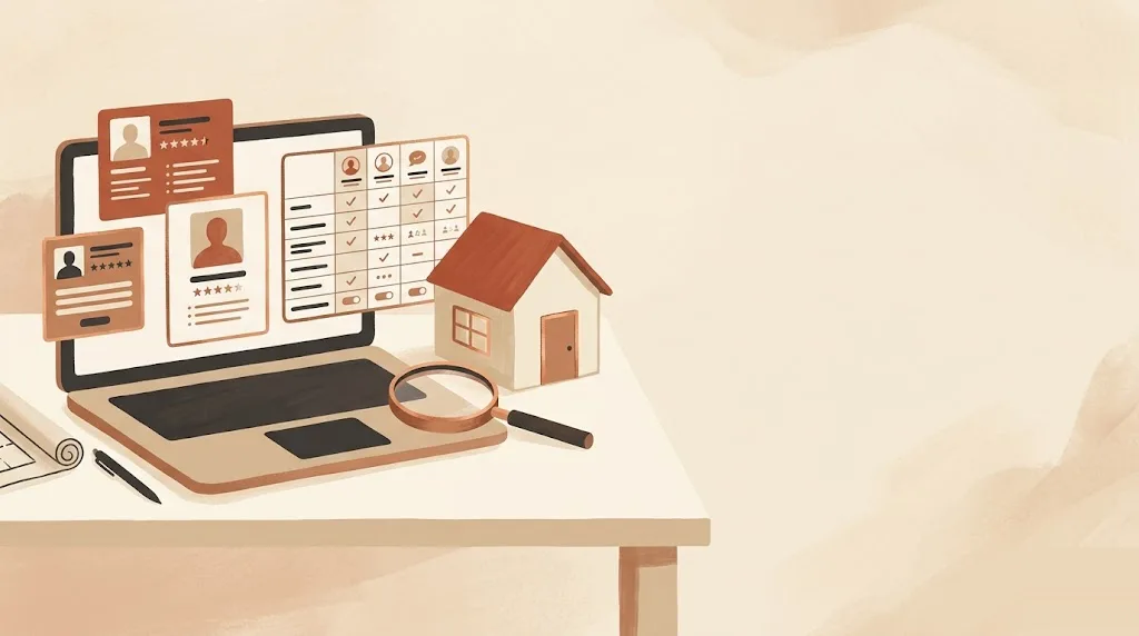 Plataformas online de reformas: un portátil que muestra fichas de profesionales y una tabla comparativa junto a una casita y una lupa