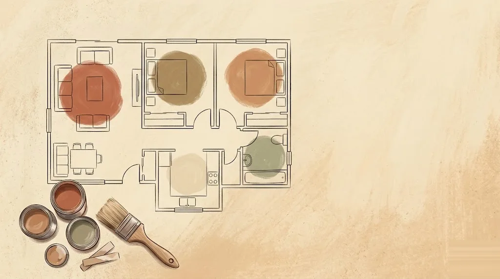 Plano de una vivienda sobre papel cálido con manchas de muestras de color de pintura sobre cada habitación, botes abiertos y una brocha al lado