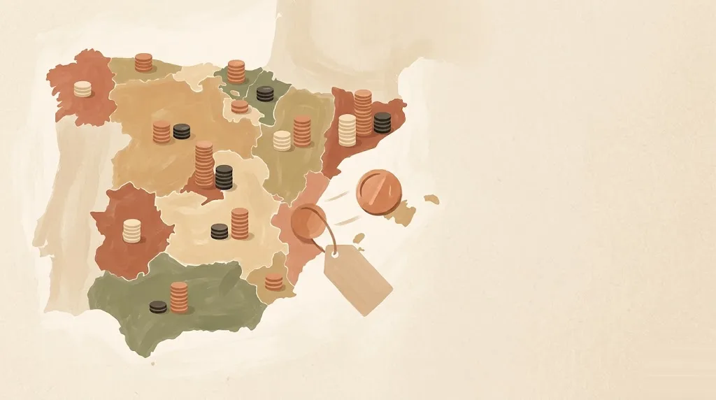 Precios medios de reforma en España: un mapa estilizado del país con pilas de monedas de distinta altura sobre cada región