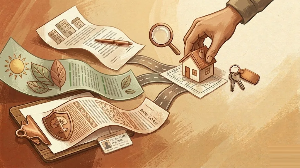 Tres caminos de financiación de una reforma que convergen hacia una casita: un préstamo bancario, una hipoteca verde con una hoja y un contrato de renting