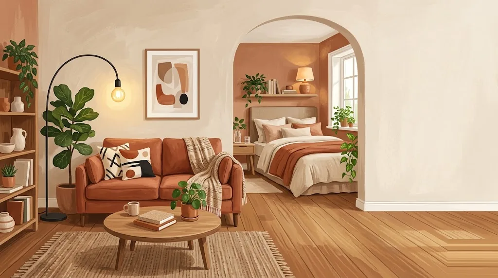 Salón reformado que fluye hacia un dormitorio, suelo de madera cálido, lámpara de pie encendida y plantas, ambiente acogedor en tonos tierra