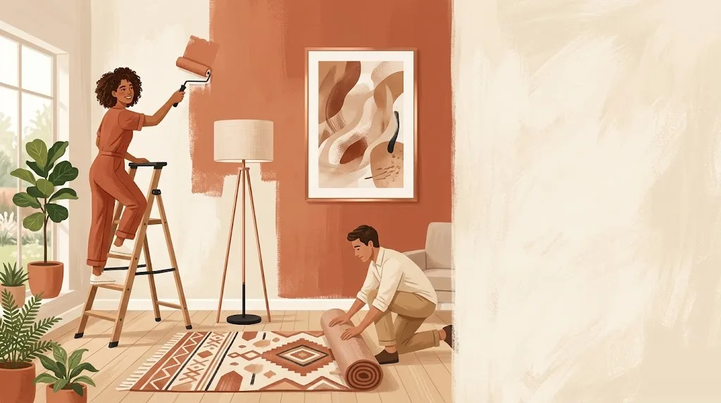 Renovación de un salón sin obra: un rodillo de pintura sobre la pared, una lámpara de pie nueva, una alfombra desenrollándose y un cuadro