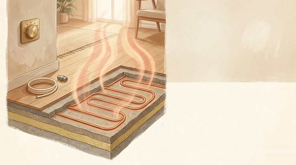 Sección de un suelo residencial que deja ver los tubos de cobre de la calefacción radiante dispuestos en bucles bajo el pavimento de madera clara, con un termostato de latón y un rollo de tubería flexible al lado