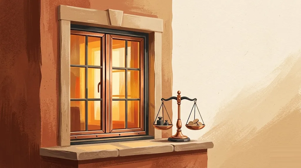 Ventana de doble acristalamiento bien fabricada con luz cálida atravesando el cristal y una pequeña balanza al lado, la idea de la relación calidad-precio