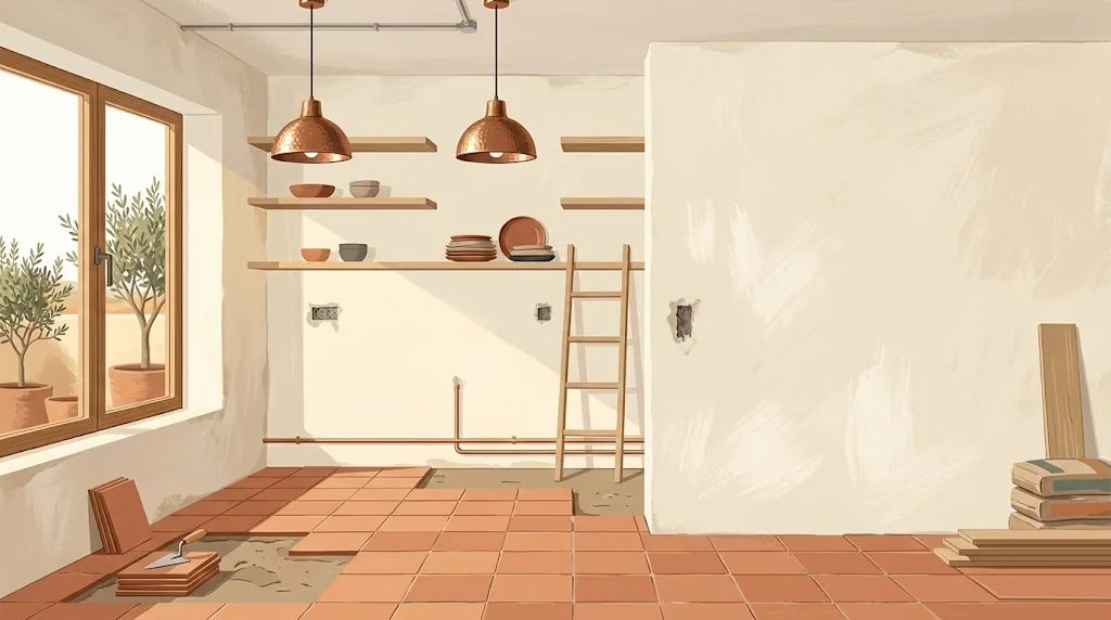 Cocina española en proceso de reforma con paramentos en obra y luz cálida natural