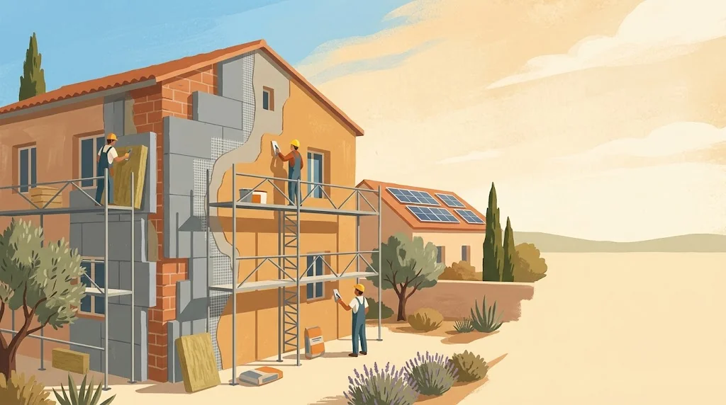 Fachada residencial mediterránea con sistema de aislamiento térmico exterior siendo aplicado y paneles solares en cubierta vecina