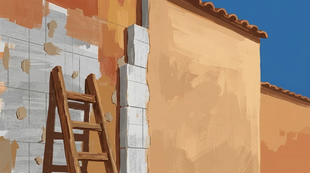 Detalle de fachada mediterránea con paneles de aislamiento térmico exterior siendo instalados, parte ya rematada con revoco color arena