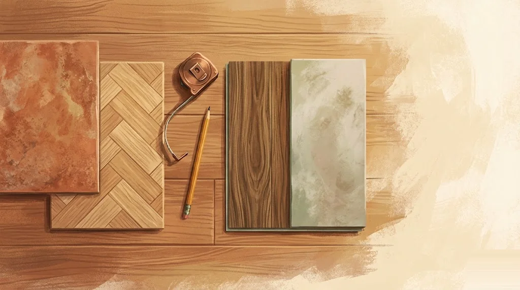 Vista cenital de cuatro muestras de suelo dispuestas sobre superficie de madera: gres porcelánico terracota, parquet de madera clara, vinílico SPC y microcemento